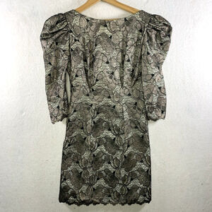 VTG 70s 80s Womens Lace Cocktail Party Dress Open Back Metallic Glam Formal